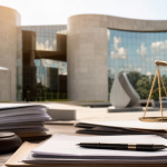Fachada de prédio da Justiça Federal com documentos jurídicos desfocados em primeiro plano.