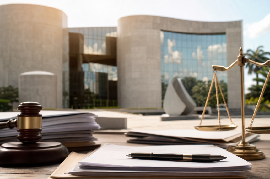 Fachada de prédio da Justiça Federal com documentos jurídicos desfocados em primeiro plano.